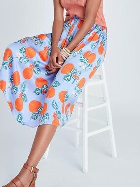 Corey Lynn Carter Midi Skirt Size Small Orange Print Satin Whimsy A-Line Spring